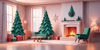 The primary subject of the image is a Christmas tree, which is prominently displayed in the living room. The setting is a cozy, well-decorated living room with a fireplace, a couch, and a chair. The visual style is a combination of photo and digital art, creating a festive and warm atmosphere. The colors and mood are predominantly red, green, and white, reflecting the holiday season.
